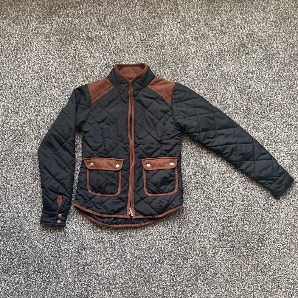 Lauren James Quilted Barn Jacket Black With Suede Patches XS
